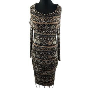 PLENTY Tracy Reese Geometric Brown Drape Long Sleeve Ruched Dress S Small